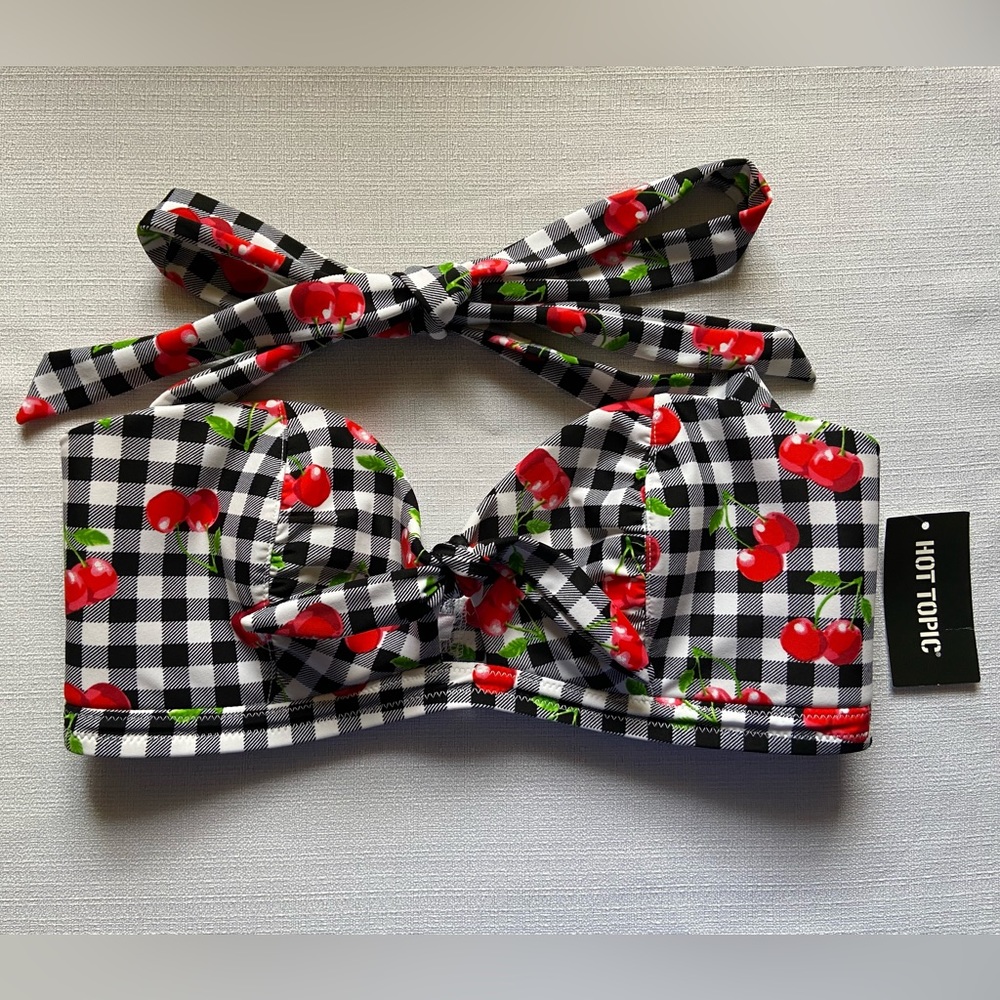 Hot Topic Cherry Gingham Tie Front Bikini Top